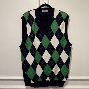 Clark & Gregory Men's Size XL Navy Green White Argyle Sweater Vest 100% Cotton